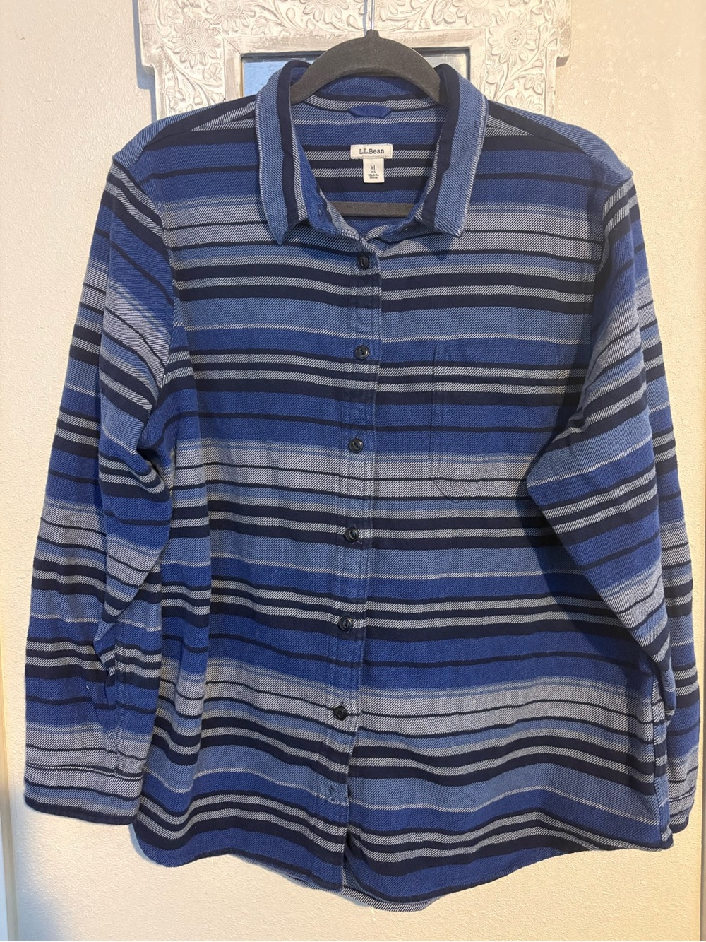 L.L.Bean Navy and Light Blue Striped Button-Front Shirt